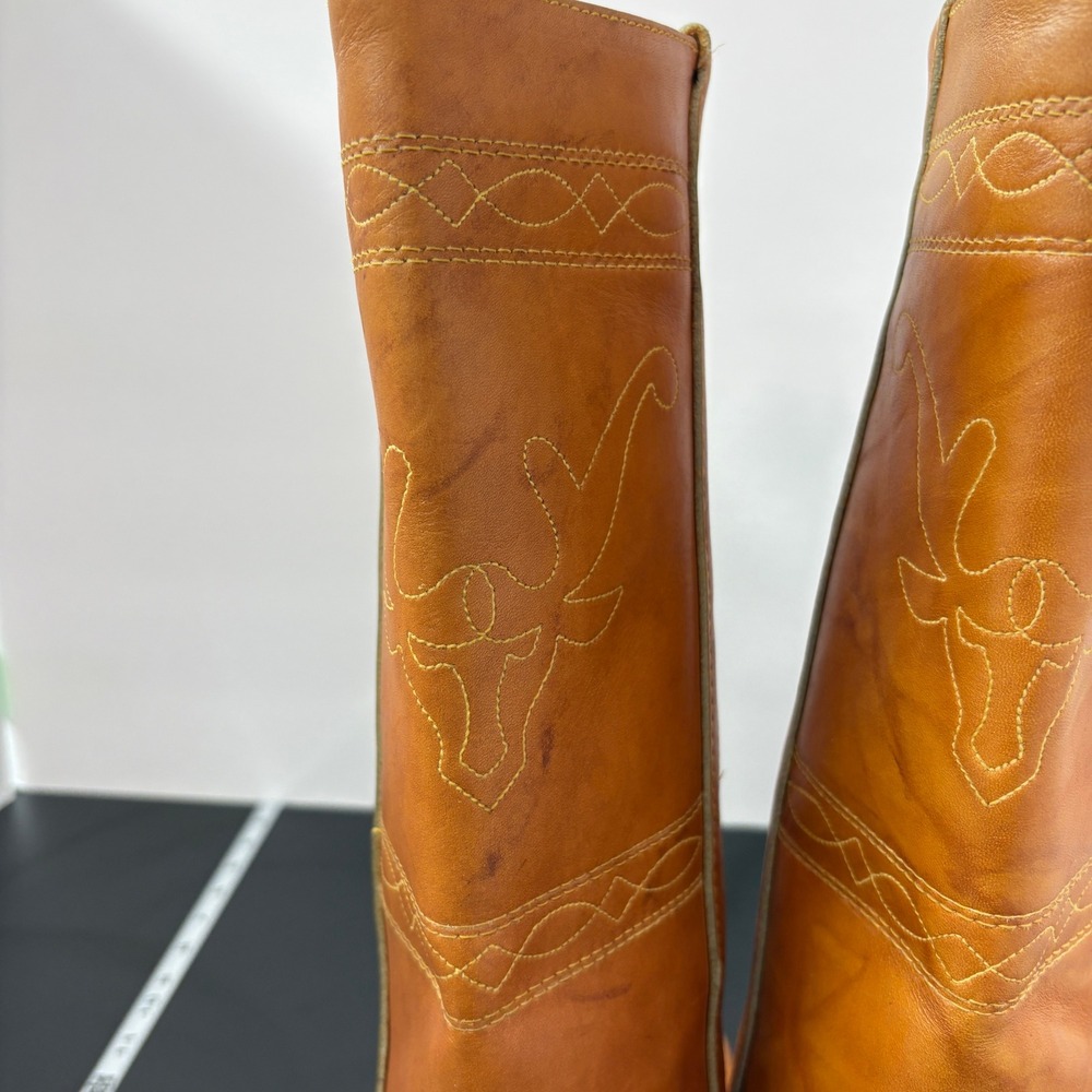 Vintage Womens Western Cowboy Boots 7.5N Tan Leather Longhorn USA Made Campus - Picture 8 of 16